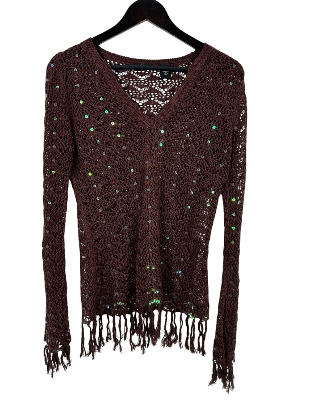Moda International Brown Crochet V-Neck Sweater with Sequin Accents Medium